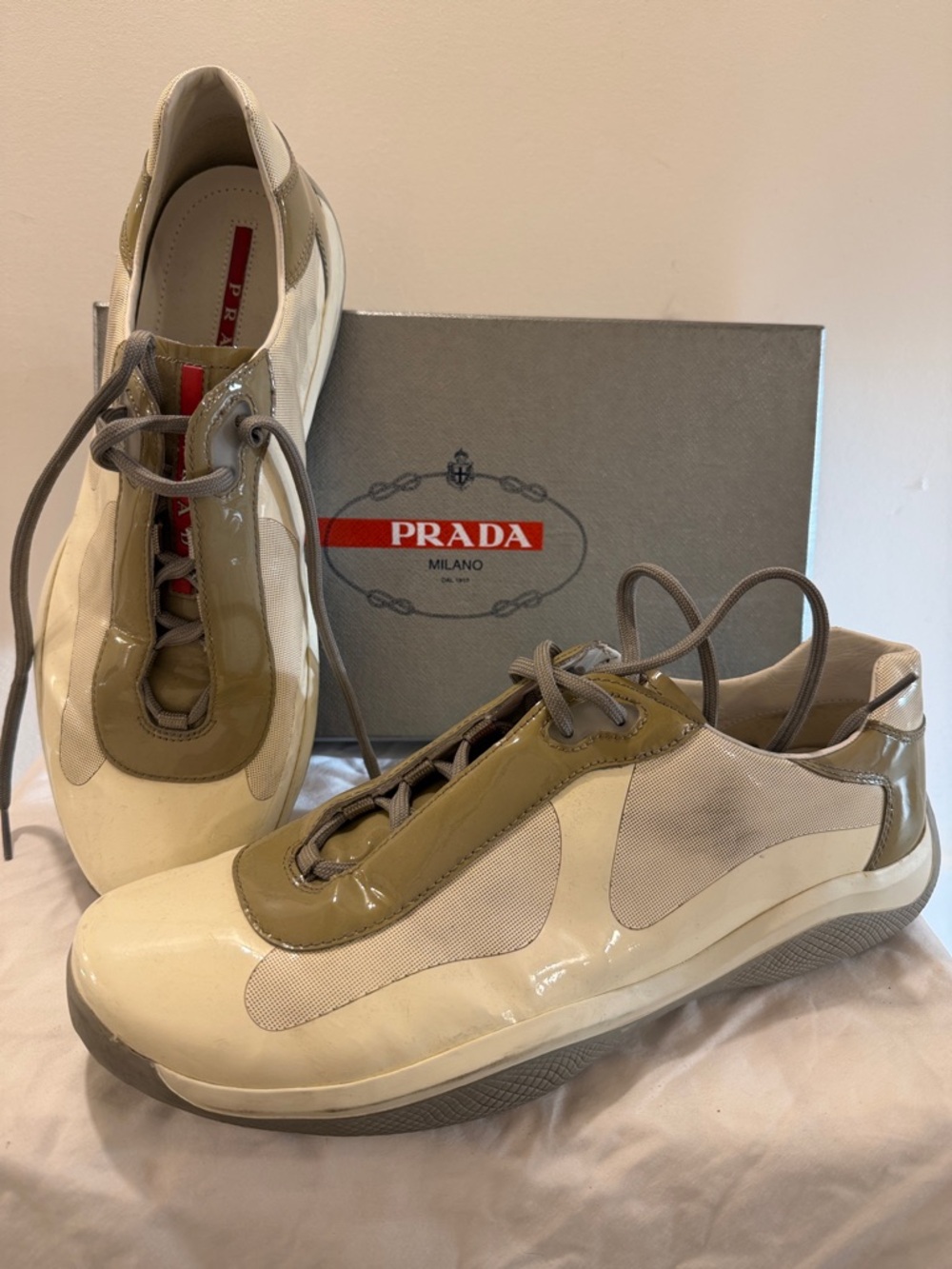 Prada Cream and Olive Patent Low-Top Sneakers